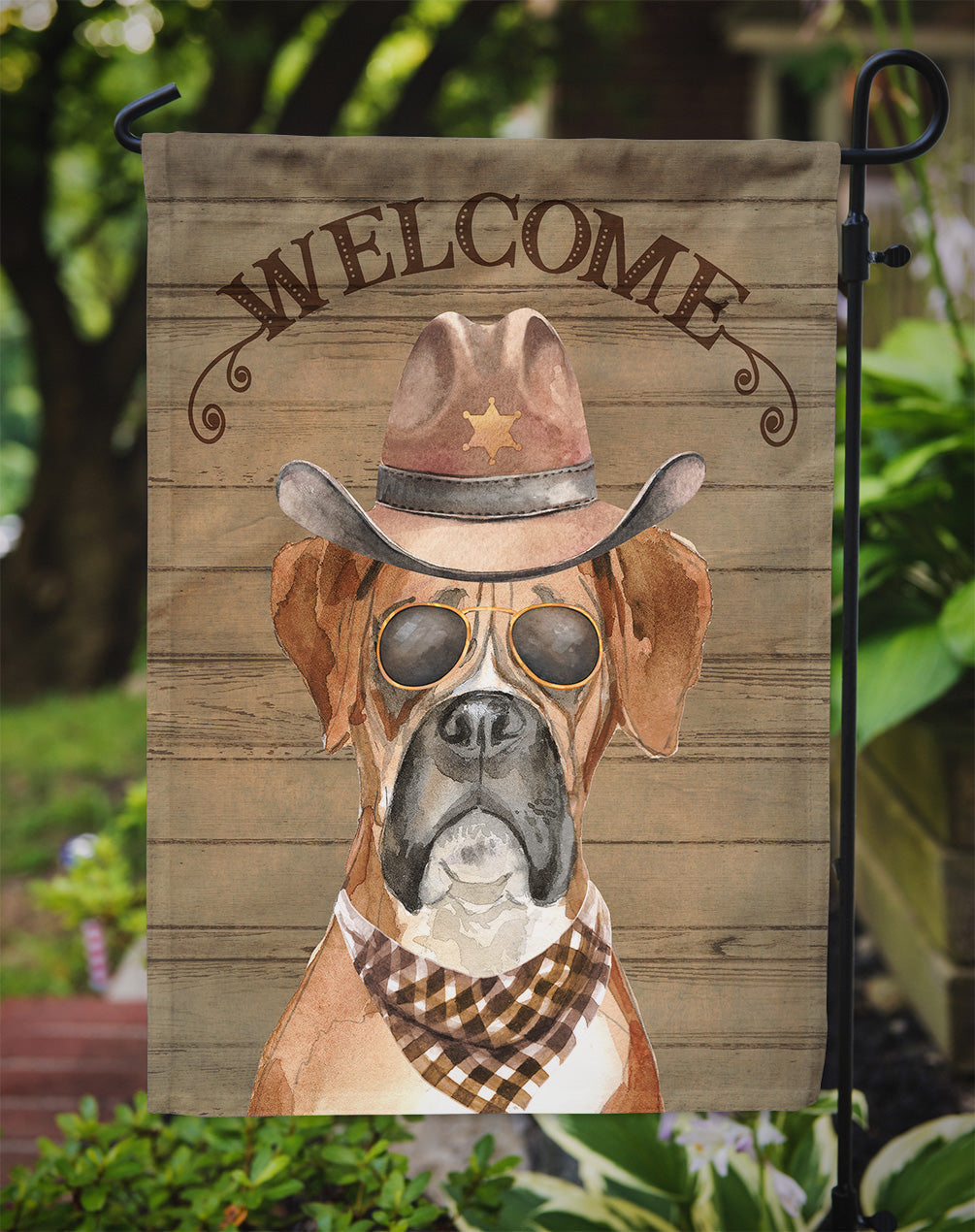 Boxer Cowboy Dog Welcome Garden Flag – Western-Style Dog with Hat & Sunglasses CK6293GF