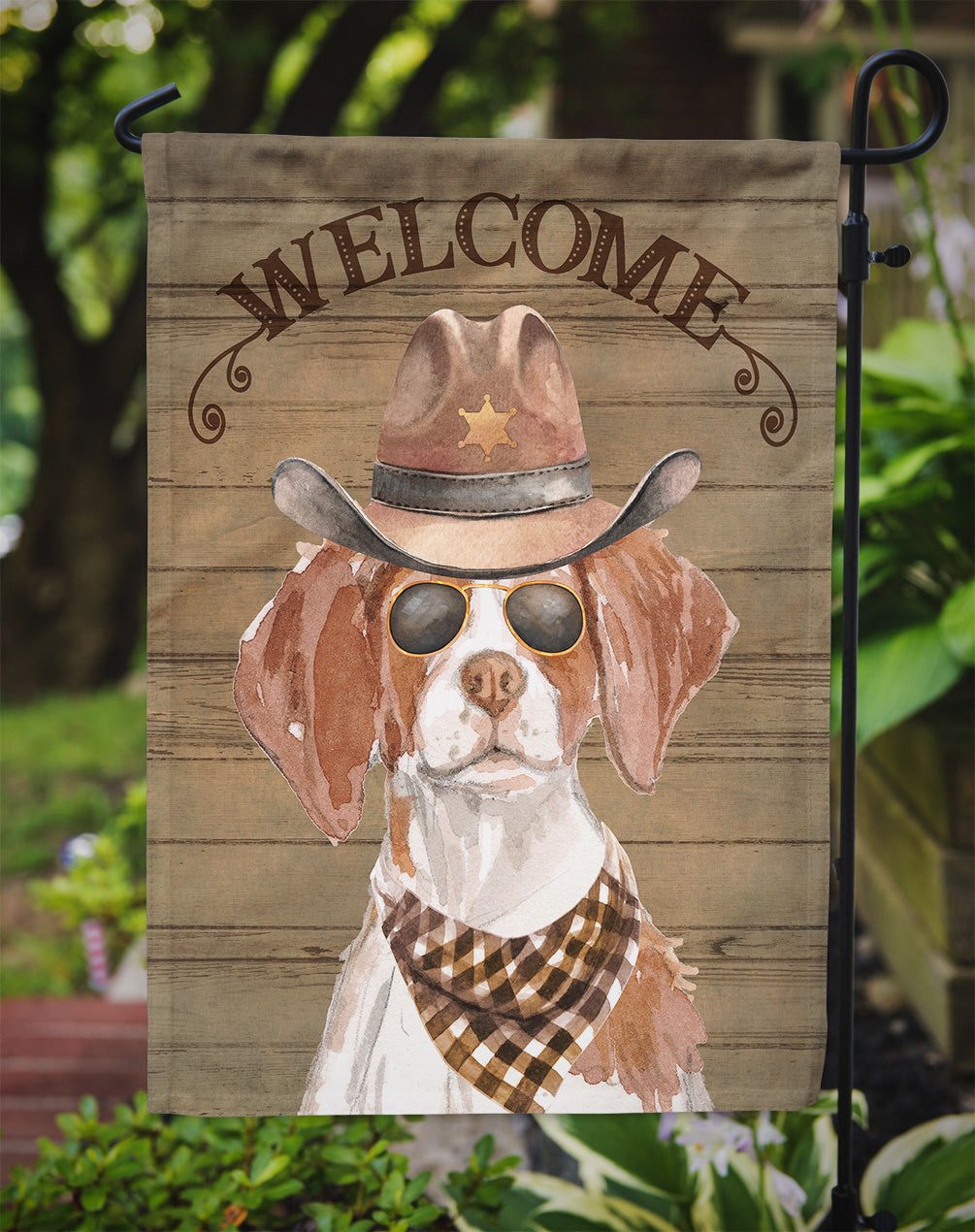Brittany Cowboy Dog Welcome Garden Flag – Western-Style Dog with Hat & Sunglasses CK6294GF