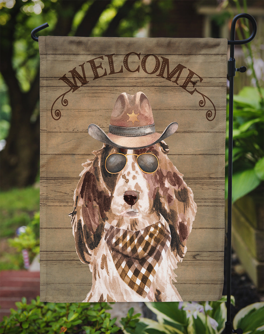 Cocker Spaniel Cowboy Dog Welcome Garden Flag – Western-Style Dog with Hat & Sunglasses CK6296GF
