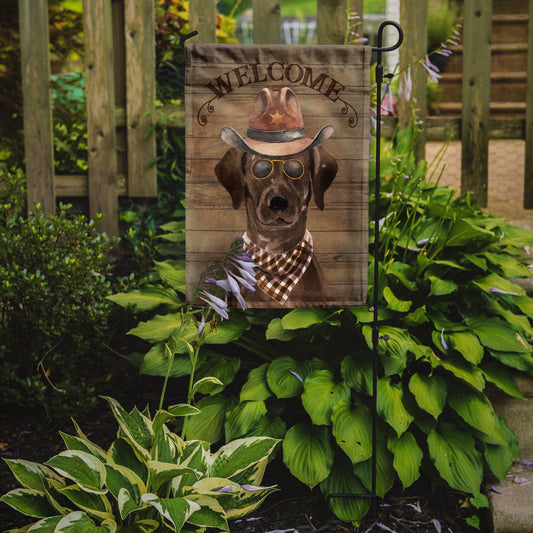 Chocolate Labrador Retriever Cowboy Dog Welcome Garden Flag – Western-Style Dog with Hat & Sunglasses CK6297GF