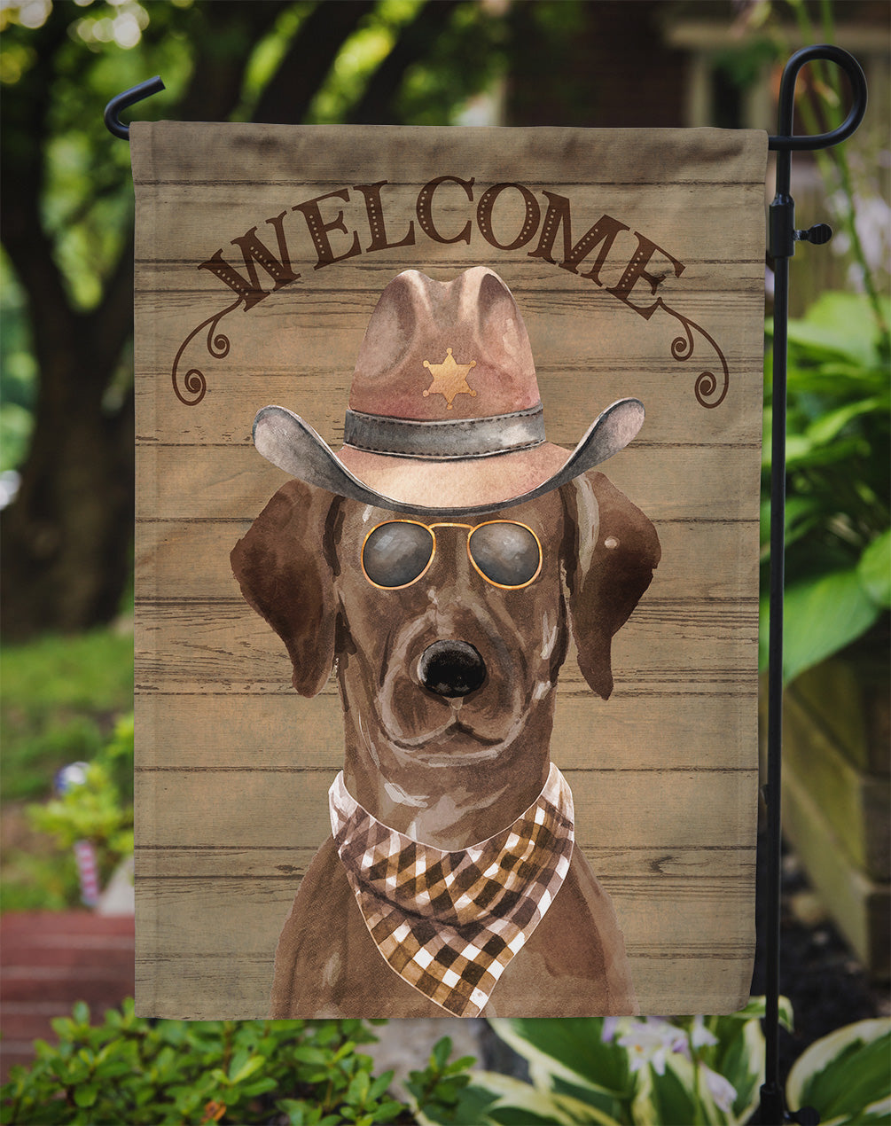 Chocolate Labrador Retriever Cowboy Dog Welcome Garden Flag – Western-Style Dog with Hat & Sunglasses CK6297GF