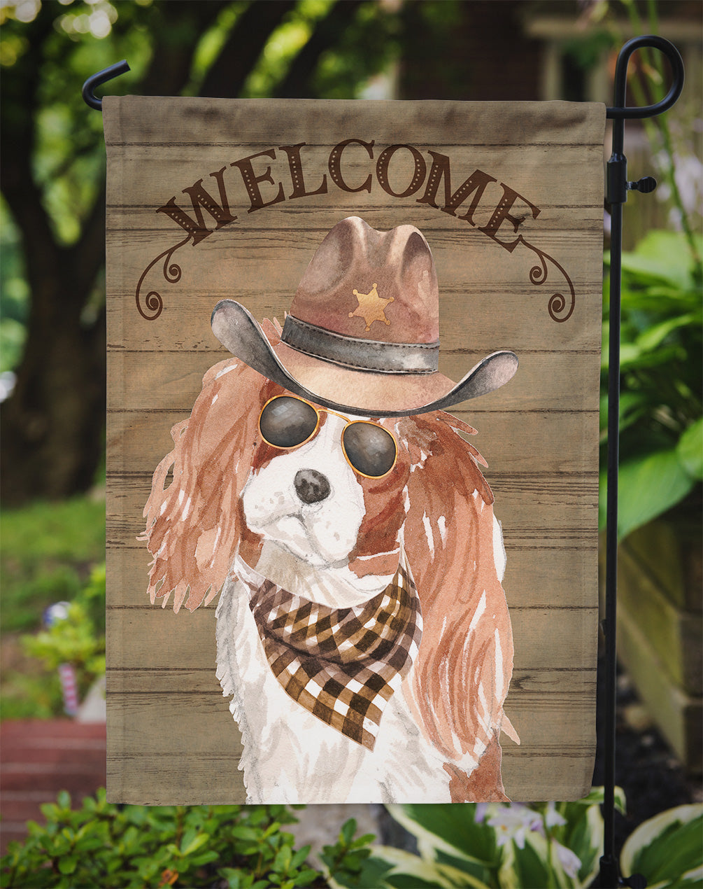 Cavalier King Charles Spaniel Cowboy Dog Welcome Garden Flag – Western-Style Dog with Hat & Sunglasses CK6302GF