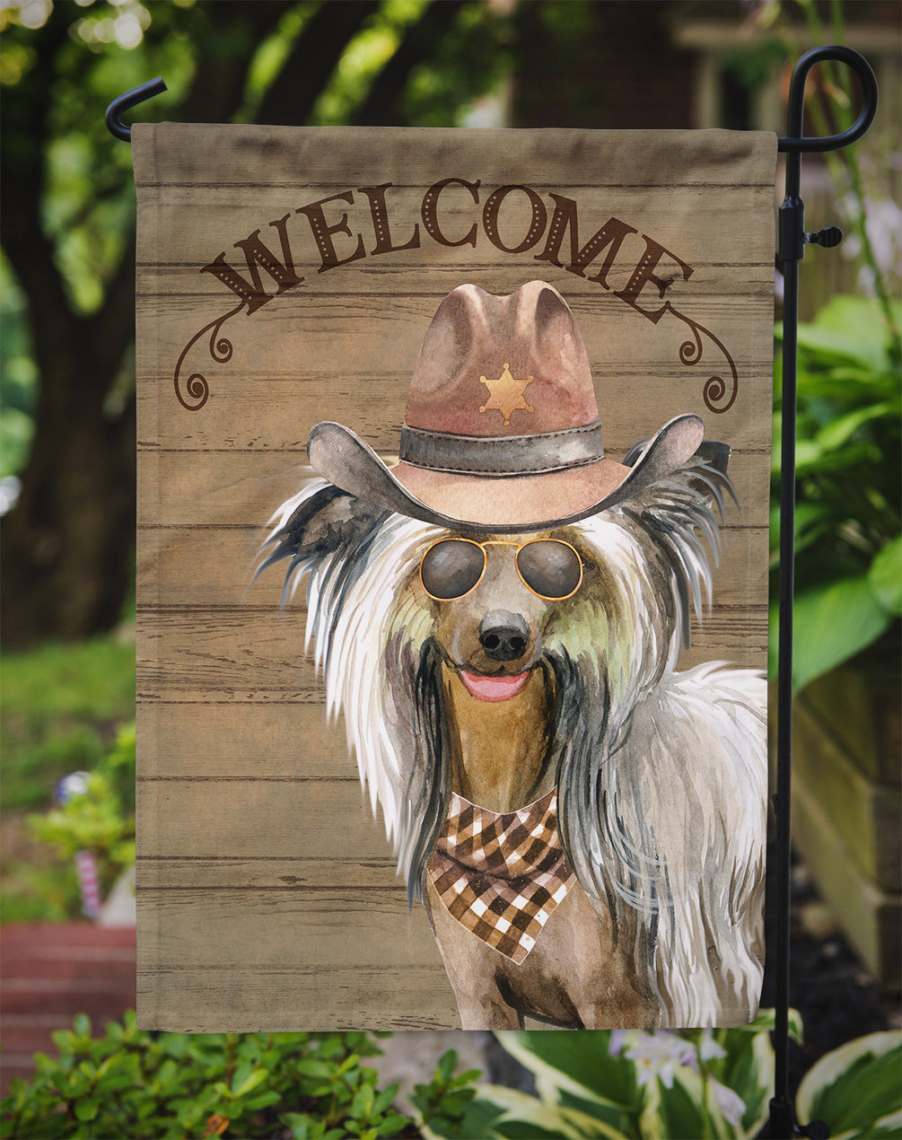 Chinese Crested Cowboy Dog Welcome Garden Flag – Western-Style Dog with Hat & Sunglasses CK6306GF