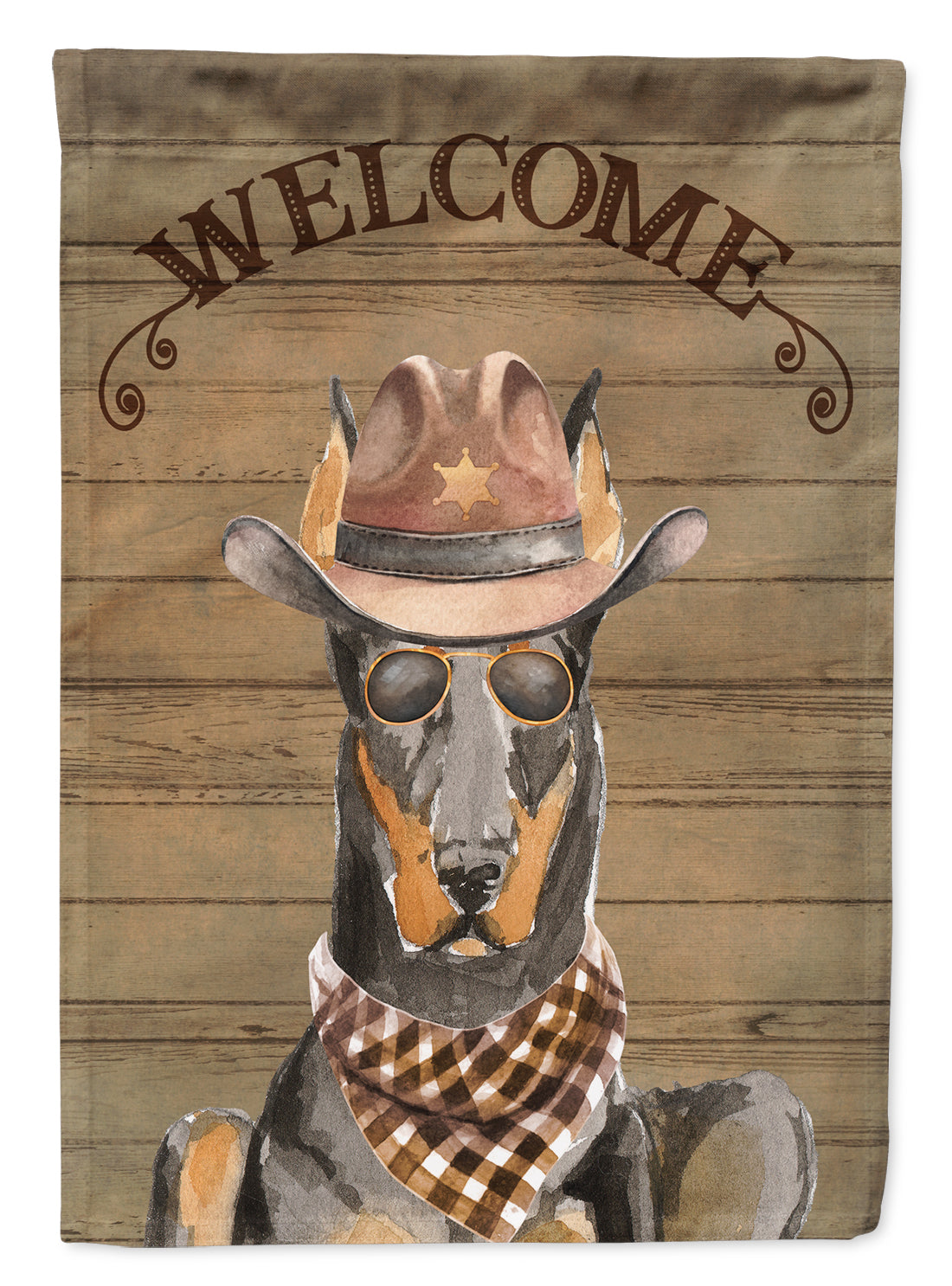 Doberman Pinscher Cowboy Dog Welcome Garden Flag – Western-Style Dog with Hat & Sunglasses CK6316GF