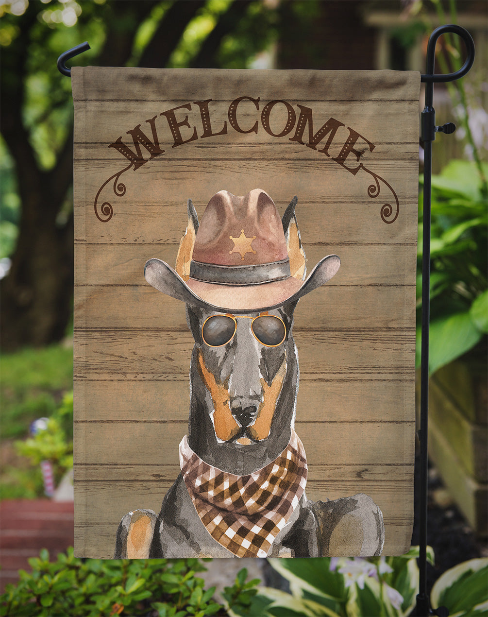 Doberman Pinscher Cowboy Dog Welcome Garden Flag – Western-Style Dog with Hat & Sunglasses CK6316GF