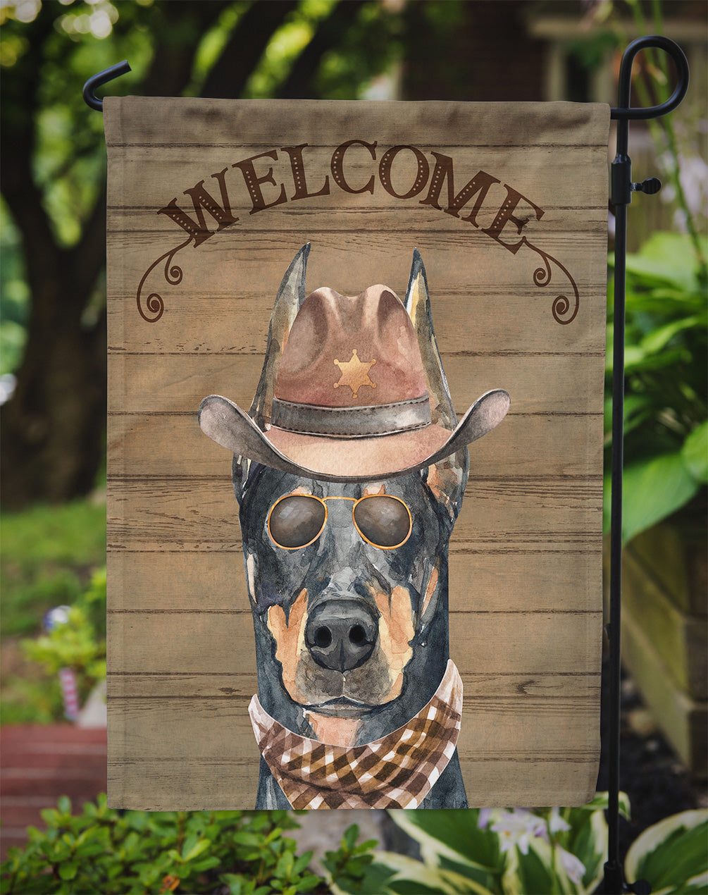 Doberman Pinscher #2 Cowboy Dog Welcome Garden Flag – Western-Style Dog with Hat & Sunglasses CK6320GF