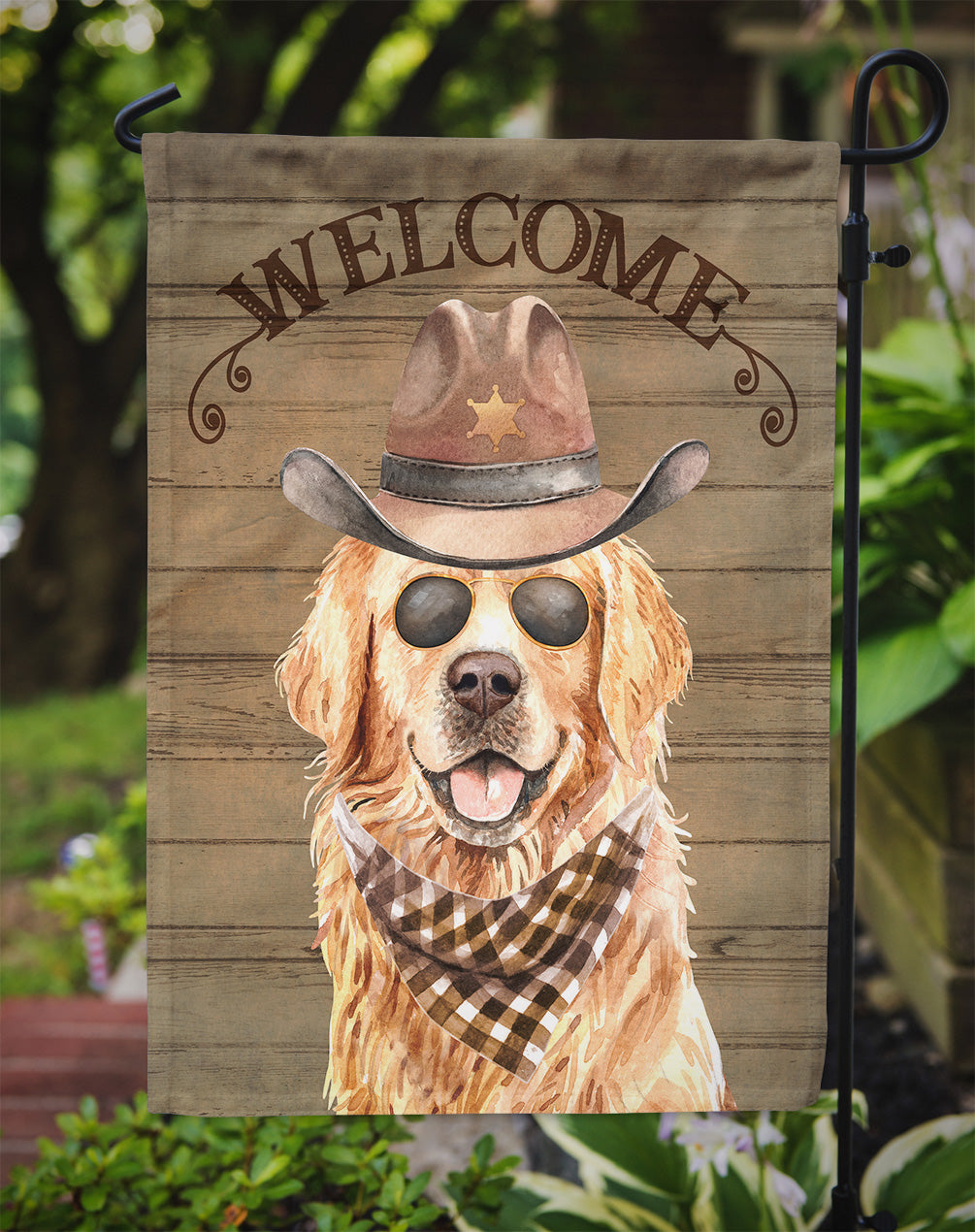 Golden Retriever Cowboy Dog Welcome Garden Flag – Western-Style Dog with Hat & Sunglasses CK6322GF