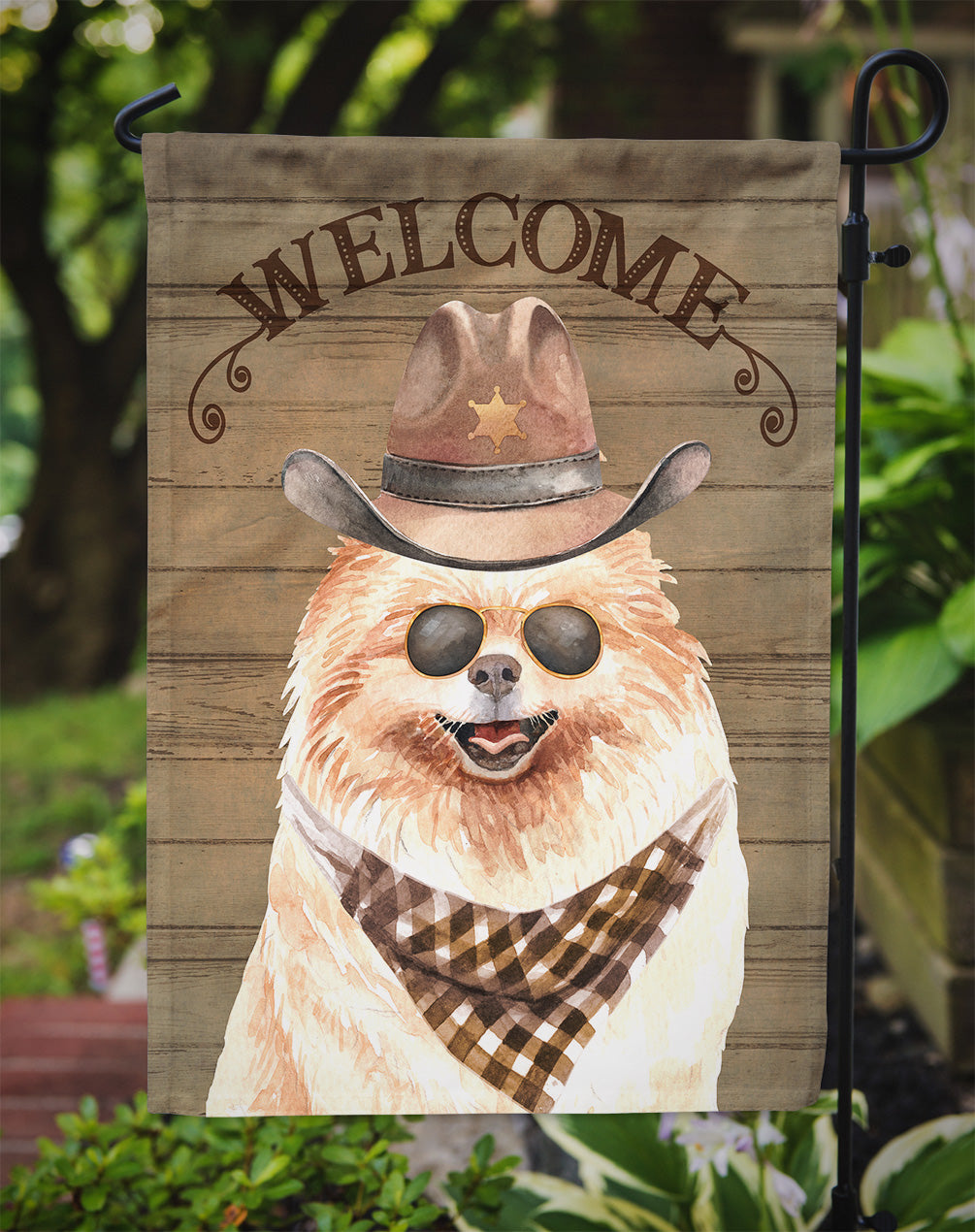 Pomeranian Cowboy Dog Welcome Garden Flag – Western-Style Dog with Hat & Sunglasses CK6324GF