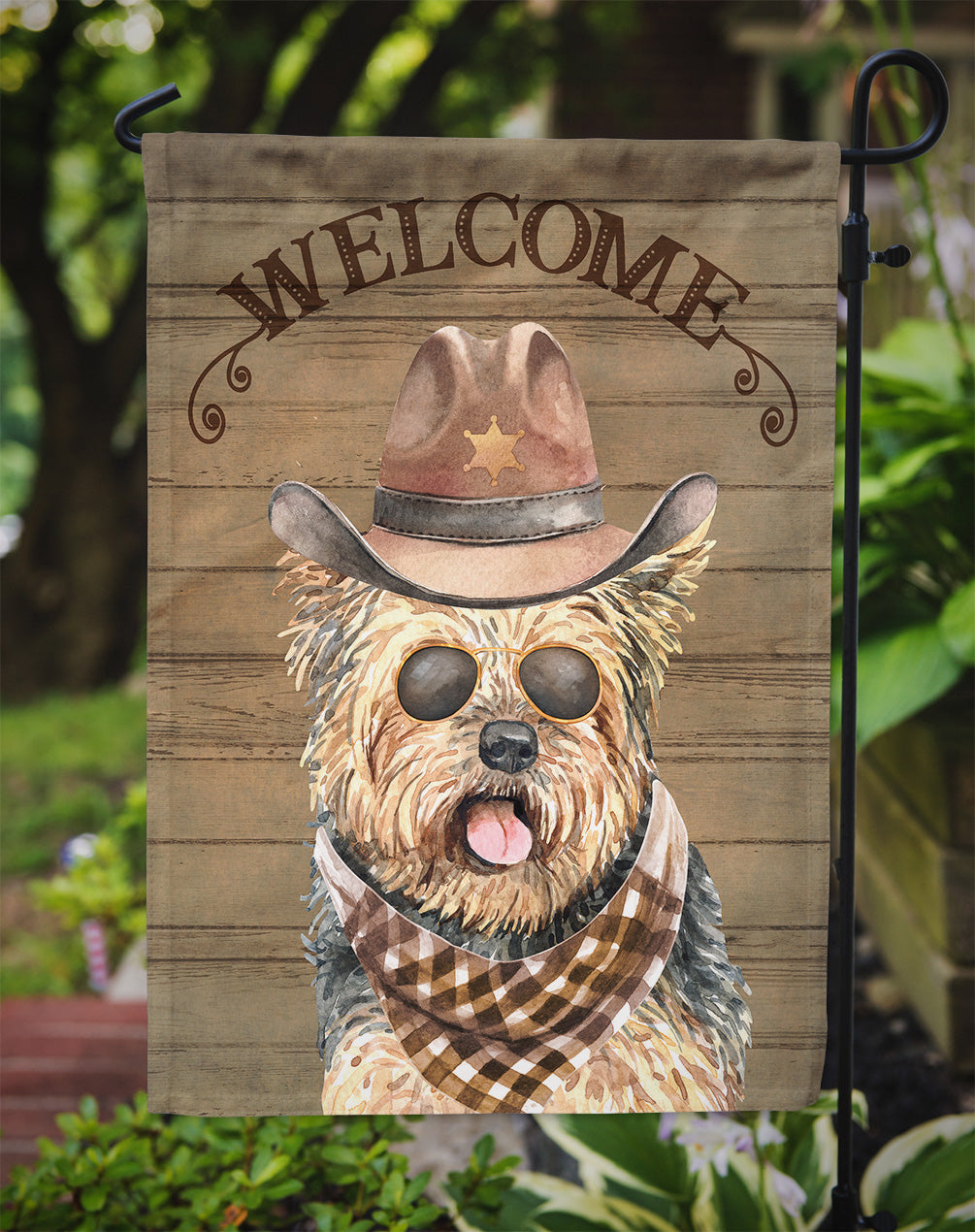 Yorkshire Terrier Cowboy Dog Welcome Garden Flag – Western-Style Dog with Hat & Sunglasses CK6327GF