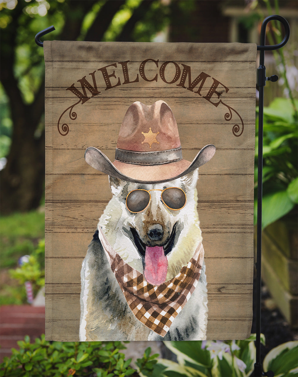 East European Shepherd Cowboy Dog Welcome Garden Flag – Western-Style Dog with Hat & Sunglasses CK6328GF