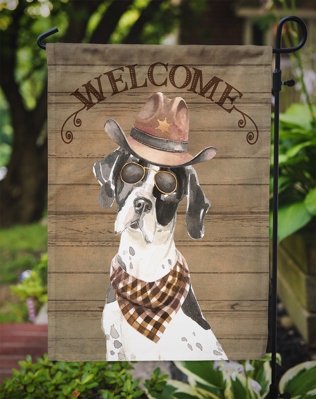 English Pointer Cowboy Dog Welcome Garden Flag – Western-Style Dog with Hat & Sunglasses CK6329GF