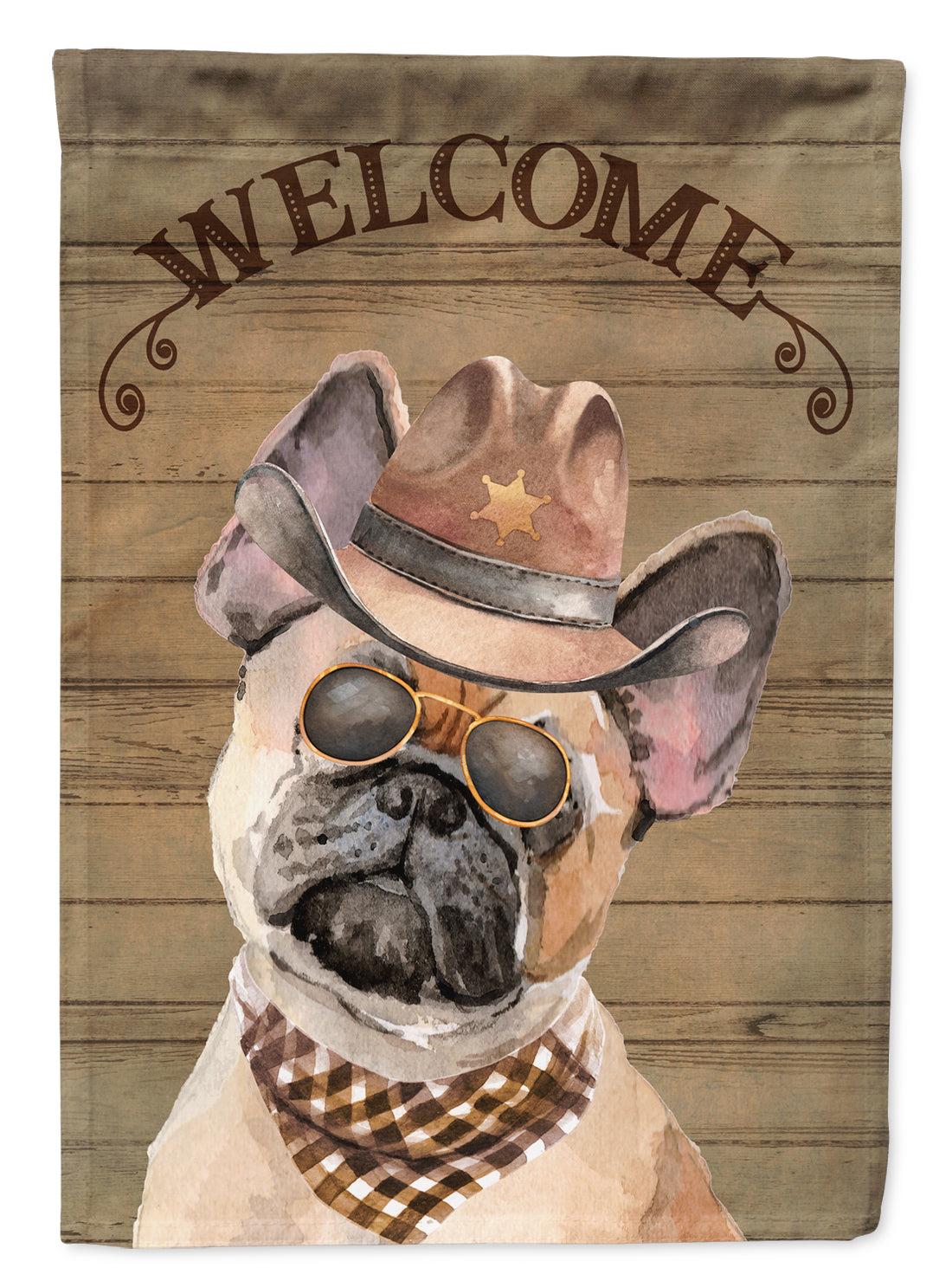 Fawn French Bulldog Cowboy Dog Welcome Garden Flag – Western-Style Dog with Hat & Sunglasses CK6330GF