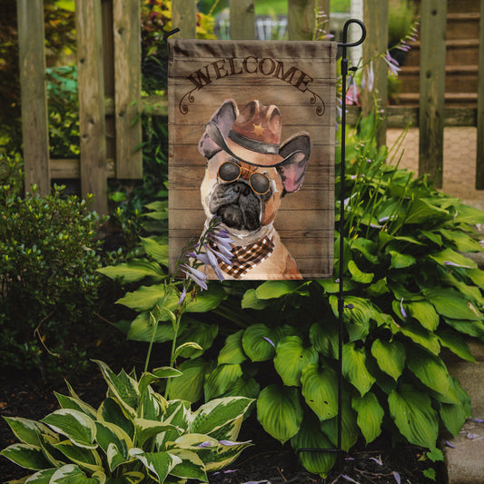 Fawn French Bulldog Cowboy Dog Welcome Garden Flag – Western-Style Dog with Hat & Sunglasses CK6330GF