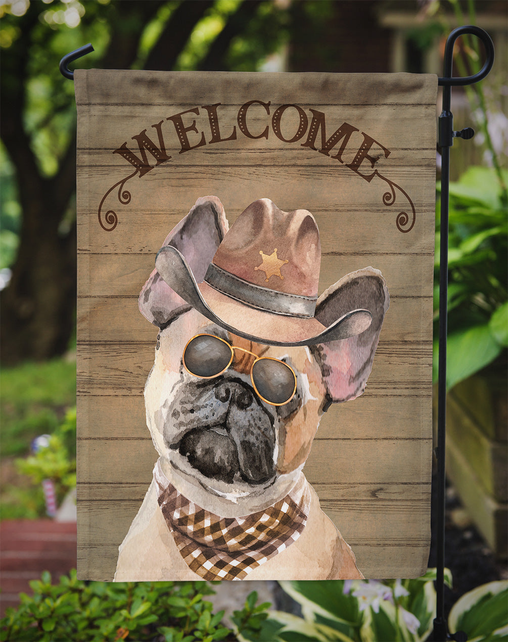 Fawn French Bulldog Cowboy Dog Welcome Garden Flag – Western-Style Dog with Hat & Sunglasses CK6330GF