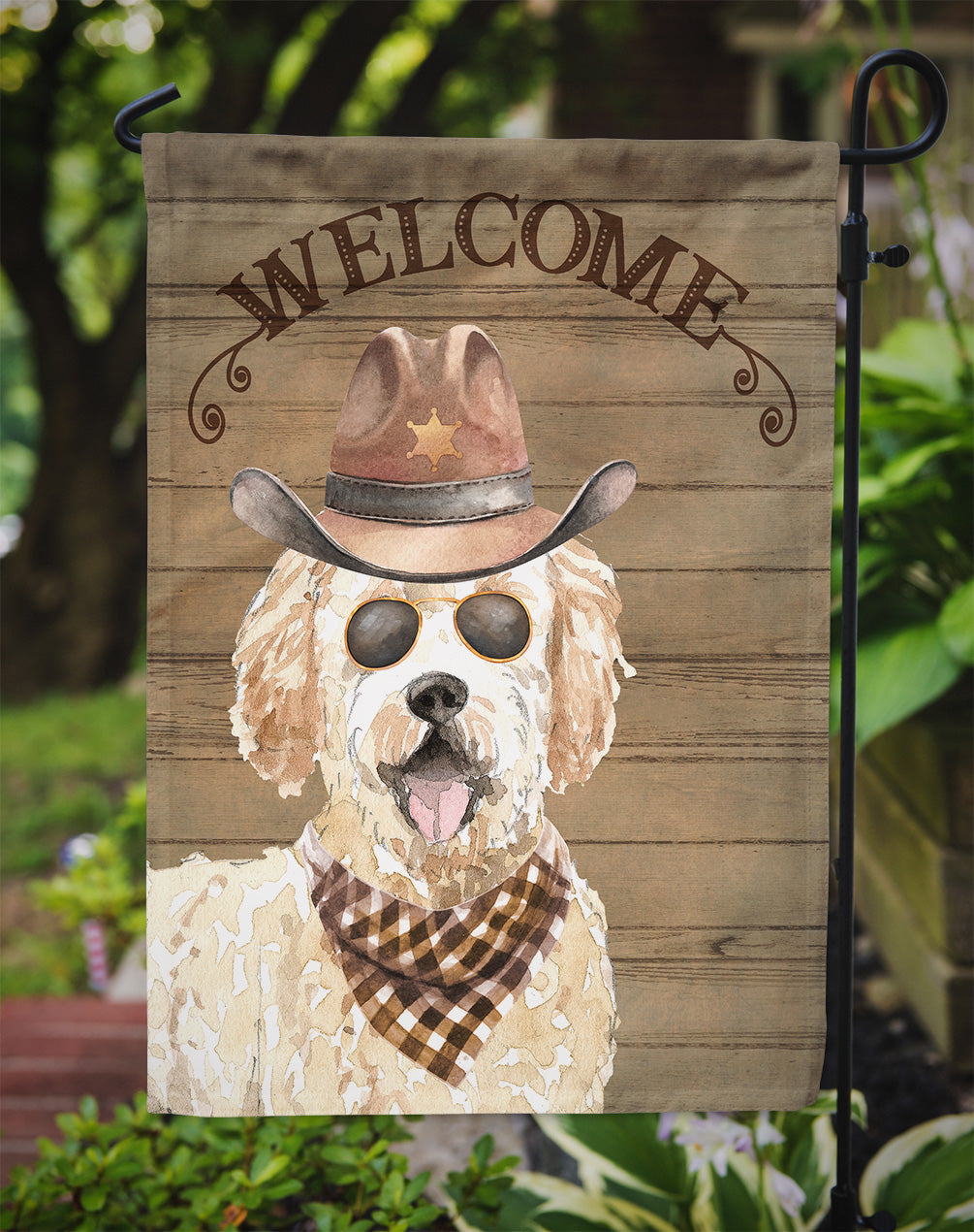 Goldendoodle Cowboy Dog Welcome Garden Flag – Western-Style Dog with Hat & Sunglasses CK6332GF