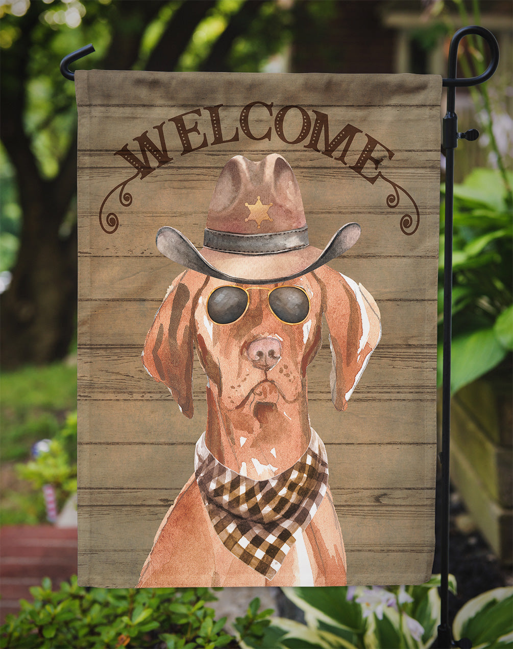 Vizsla Cowboy Dog Welcome Garden Flag – Western-Style Dog with Hat & Sunglasses CK6334GF