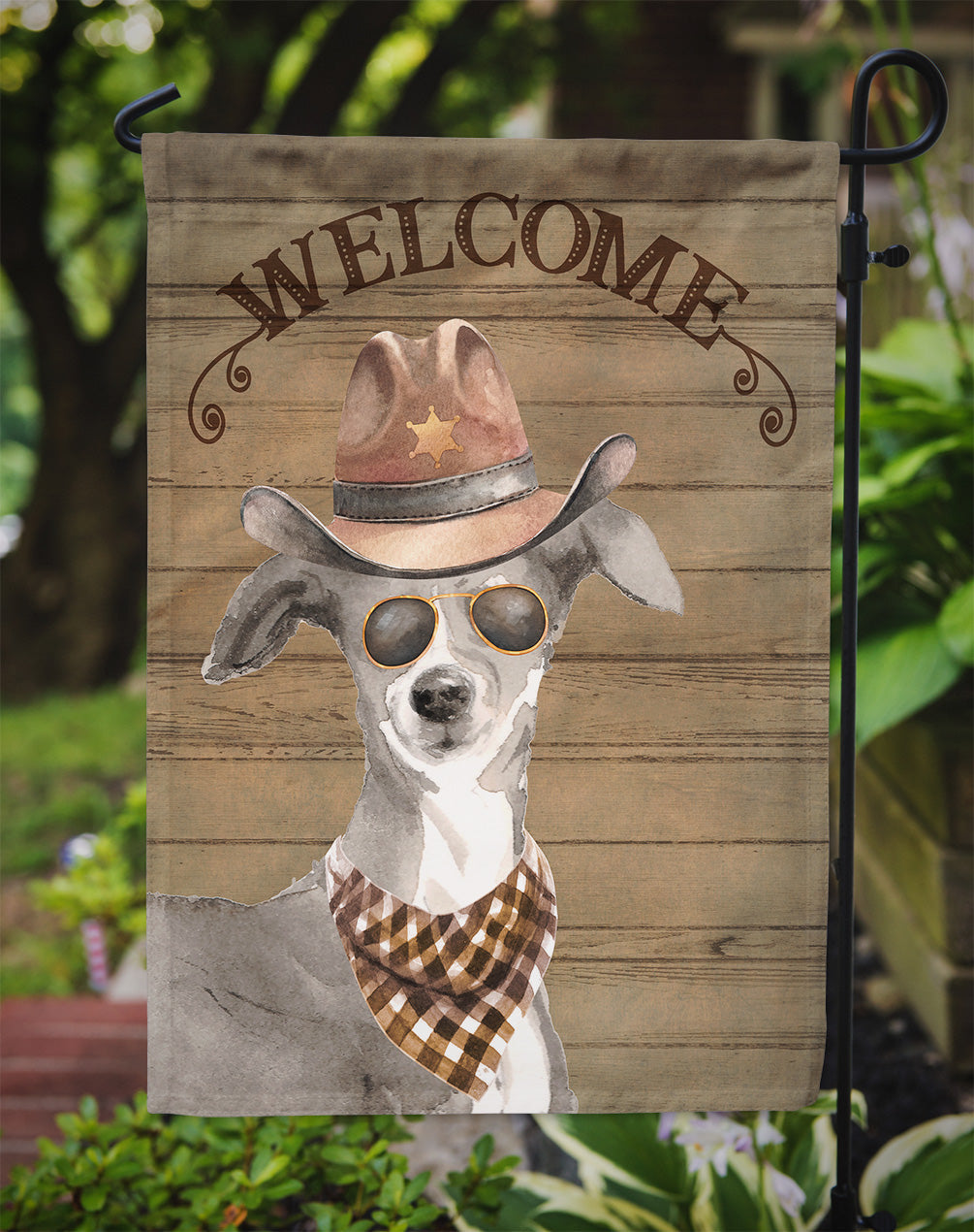 Italian Greyhound Cowboy Dog Welcome Garden Flag – Western-Style Dog with Hat & Sunglasses CK6336GF