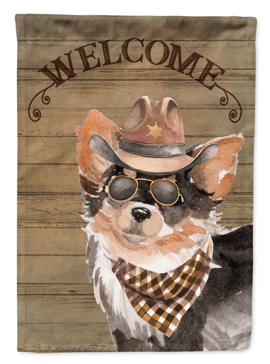 Longhaired Chihuahua Cowboy Dog Welcome Garden Flag – Western-Style Dog with Hat & Sunglasses CK6340GF
