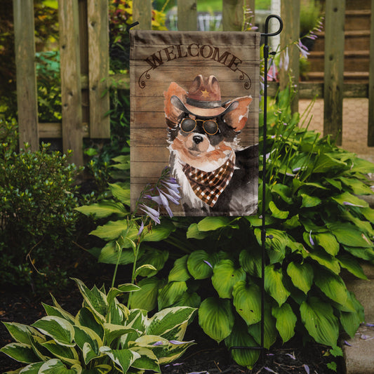Longhaired Chihuahua Cowboy Dog Welcome Garden Flag – Western-Style Dog with Hat & Sunglasses CK6340GF
