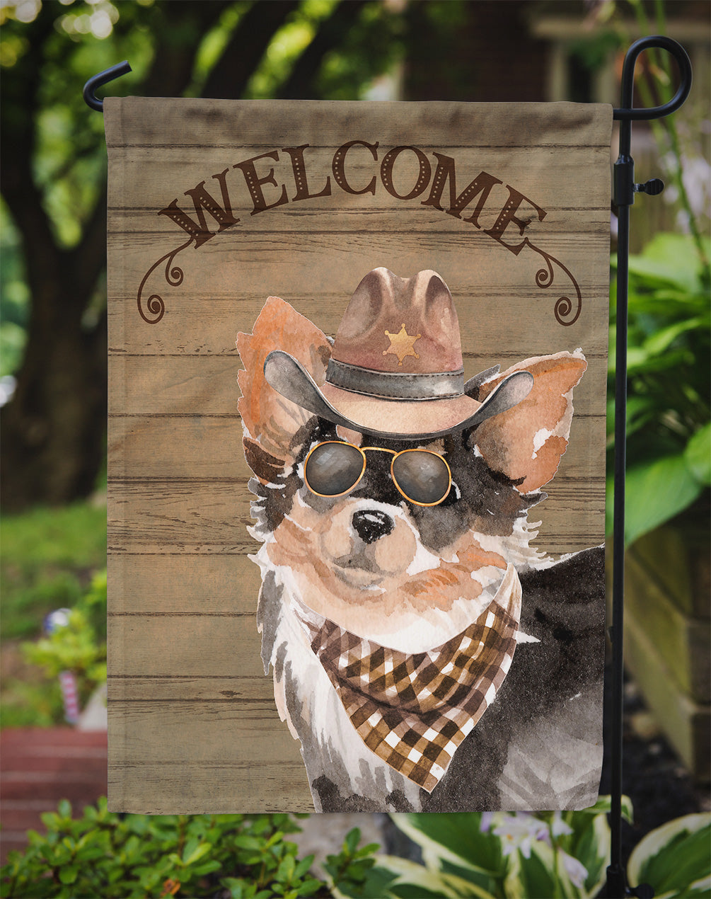 Longhaired Chihuahua Cowboy Dog Welcome Garden Flag – Western-Style Dog with Hat & Sunglasses CK6340GF