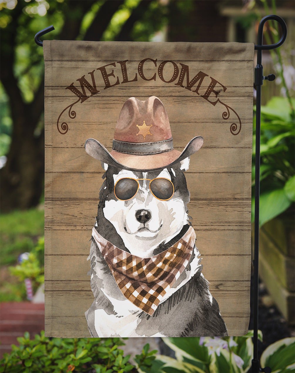 Alaskan Malamute #2 Cowboy Dog Welcome Garden Flag – Western-Style Dog with Hat & Sunglasses CK6341GF
