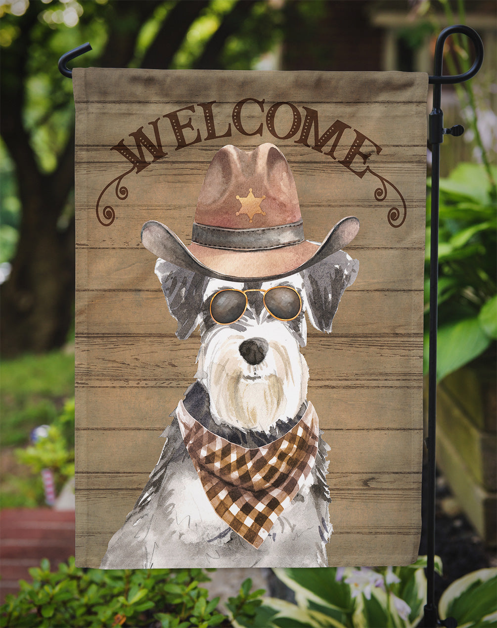 Schnauzer Cowboy Dog Welcome Garden Flag – Western-Style Dog with Hat & Sunglasses CK6343GF