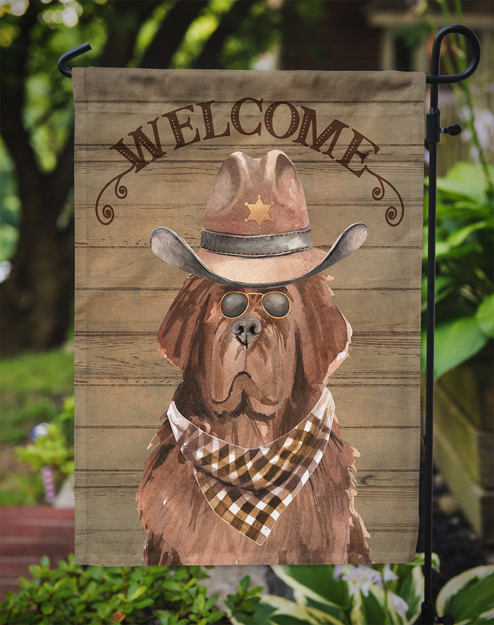 Newfoundland Cowboy Dog Welcome Garden Flag – Western-Style Dog with Hat & Sunglasses CK6344GF