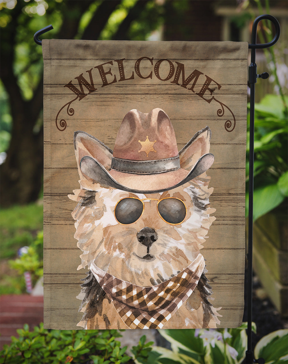 Norfolk Terrier Cowboy Dog Welcome Garden Flag – Western-Style Dog with Hat & Sunglasses CK6345GF