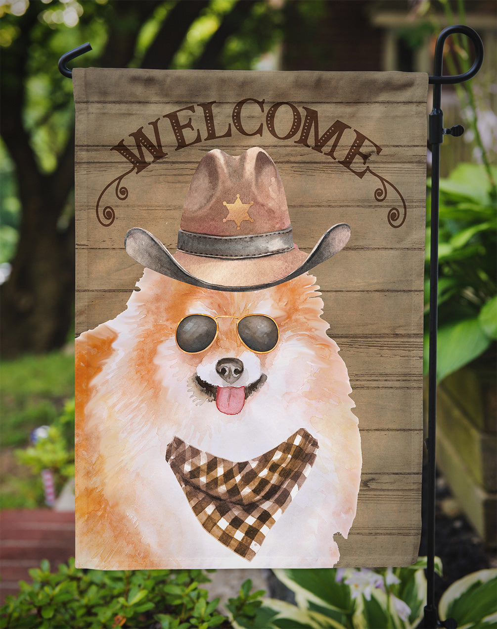Pomeranian Spitz Cowboy Dog Welcome Garden Flag – Western-Style Dog with Hat & Sunglasses CK6348GF