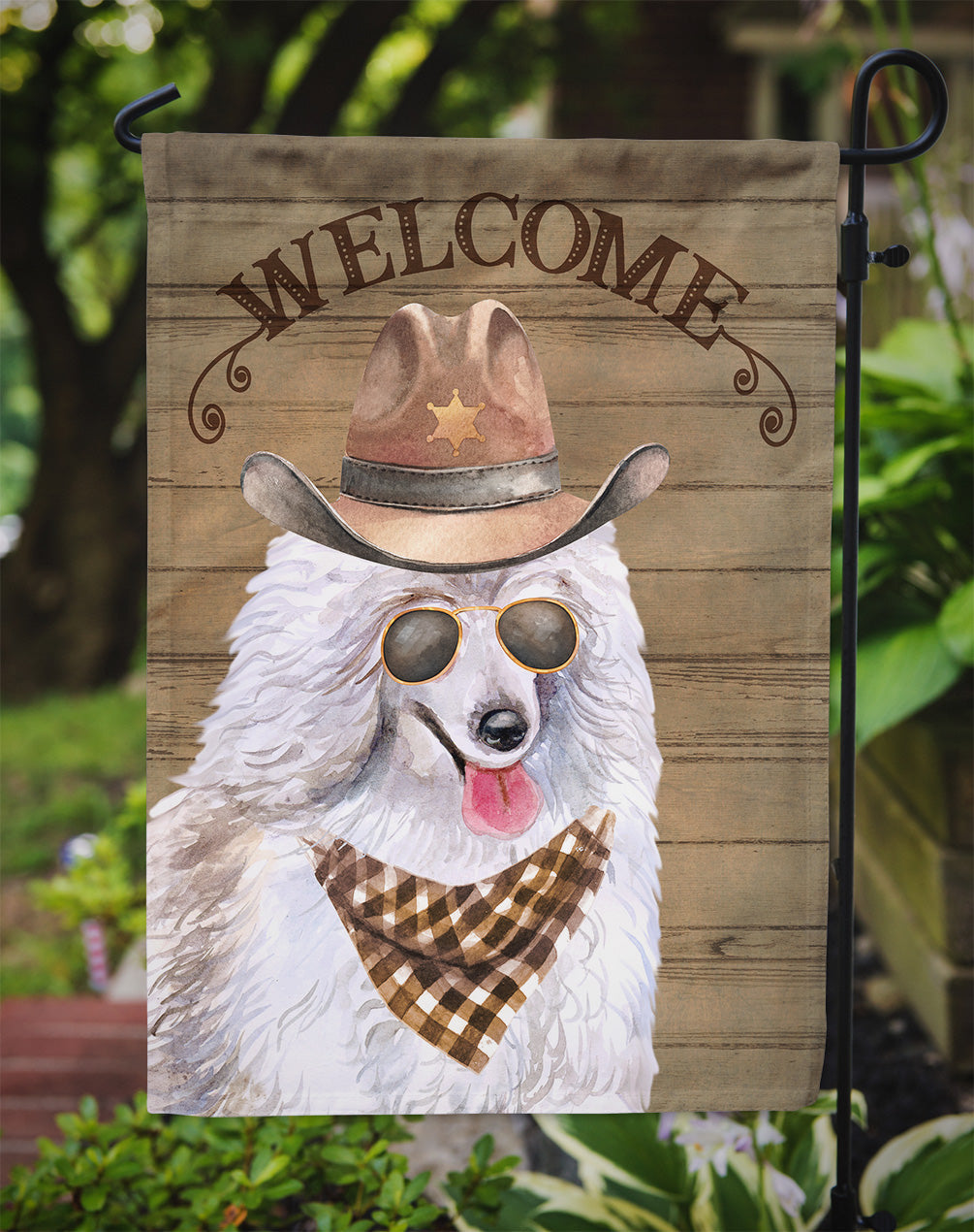 Medium Poodle Cowboy Dog Welcome Garden Flag – Western-Style Dog with Hat & Sunglasses CK6350GF