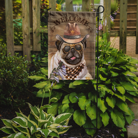 Pug Cowboy Dog Welcome Garden Flag – Western-Style Dog with Hat & Sunglasses CK6351GF