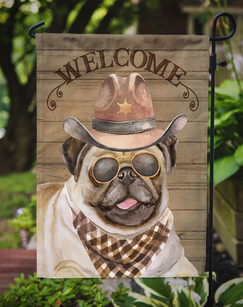 Pug Cowboy Dog Welcome Garden Flag – Western-Style Dog with Hat & Sunglasses CK6351GF