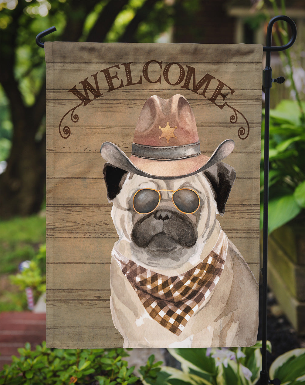 Pug #2 Cowboy Dog Welcome Garden Flag – Western-Style Dog with Hat & Sunglasses CK6352GF