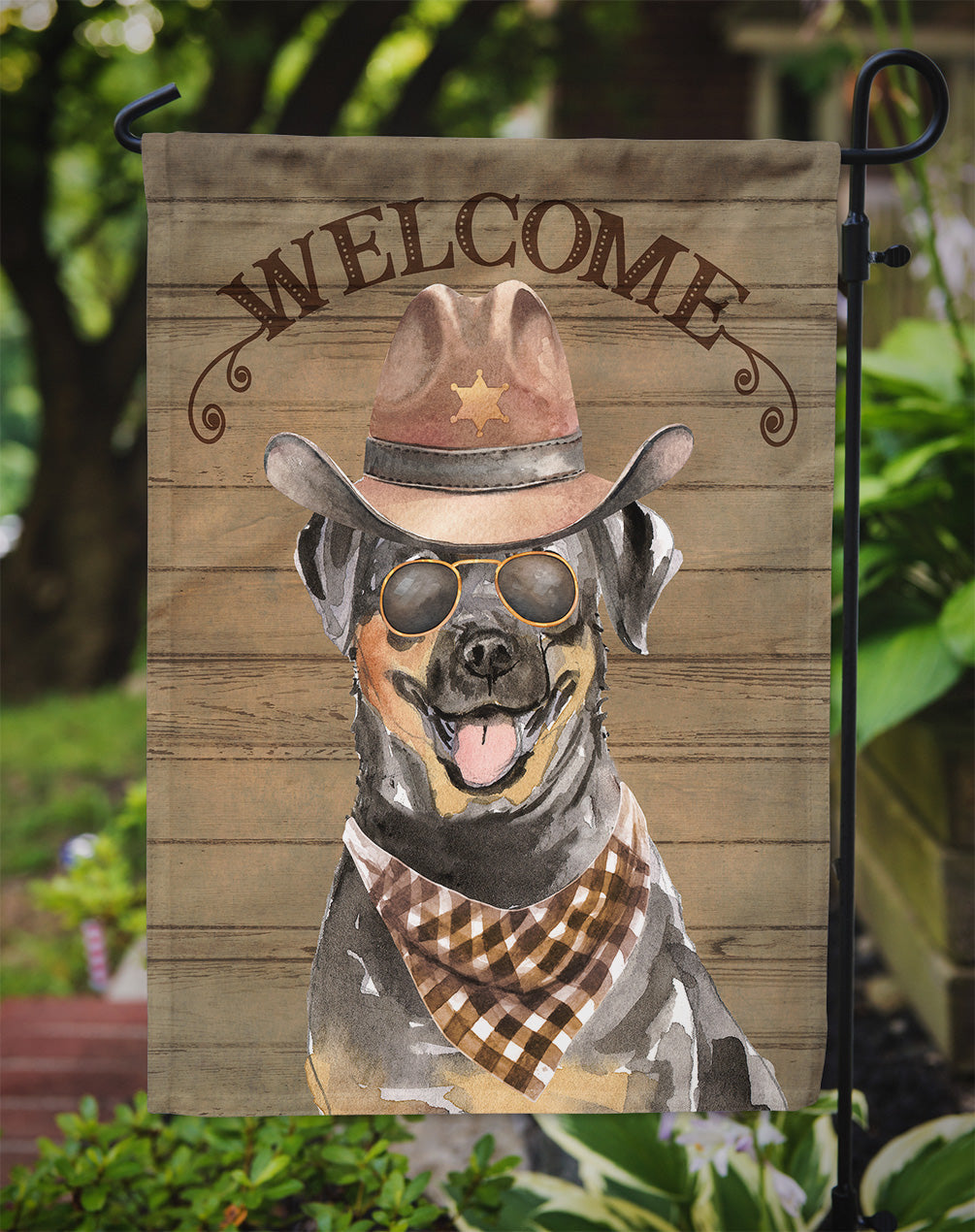 Rottweiler Cowboy Dog Welcome Garden Flag – Western-Style Dog with Hat & Sunglasses CK6353GF