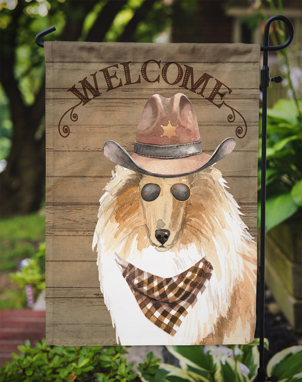 Rough Collie Cowboy Dog Welcome Garden Flag – Western-Style Dog with Hat & Sunglasses CK6354GF