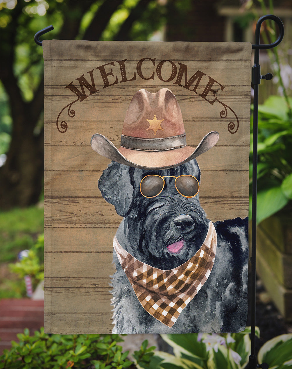Giant Schnauzer Cowboy Dog Welcome Garden Flag – Western-Style Dog with Hat & Sunglasses CK6355GF