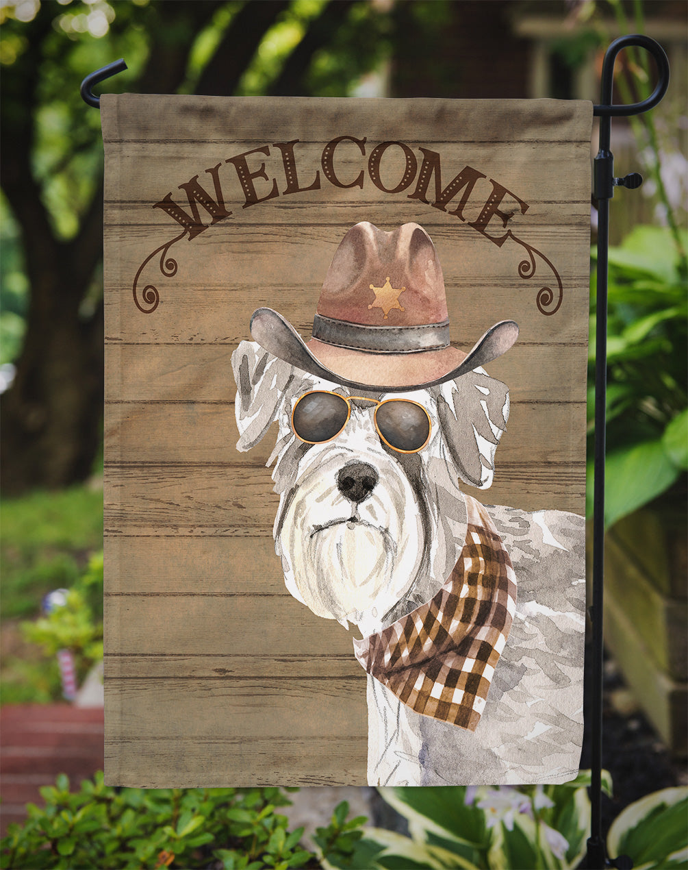 Schnauzer #2 Cowboy Dog Welcome Garden Flag – Western-Style Dog with Hat & Sunglasses CK6356GF