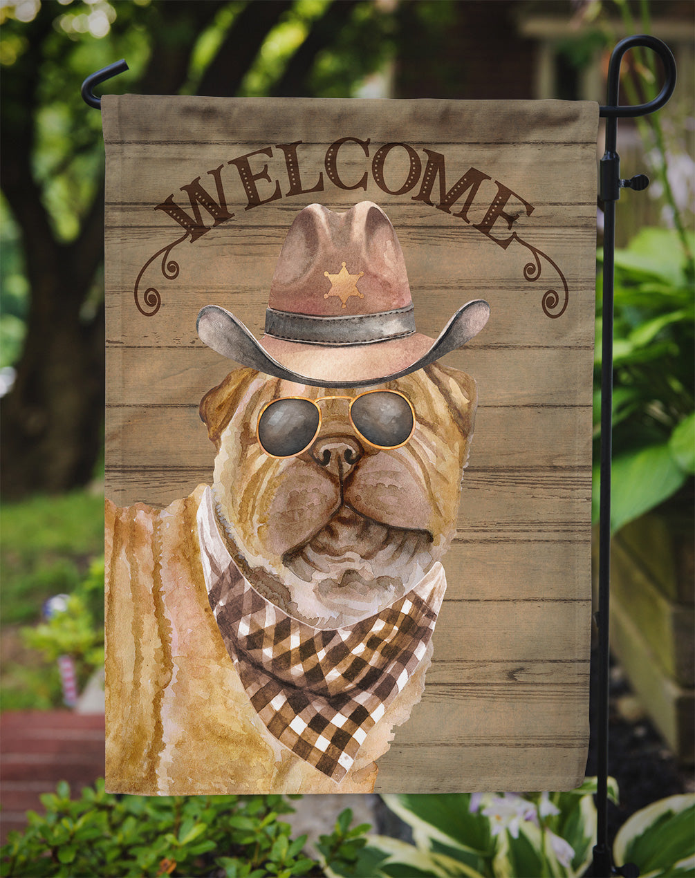 Shar Pei Cowboy Dog Welcome Garden Flag – Western-Style Dog with Hat & Sunglasses CK6358GF