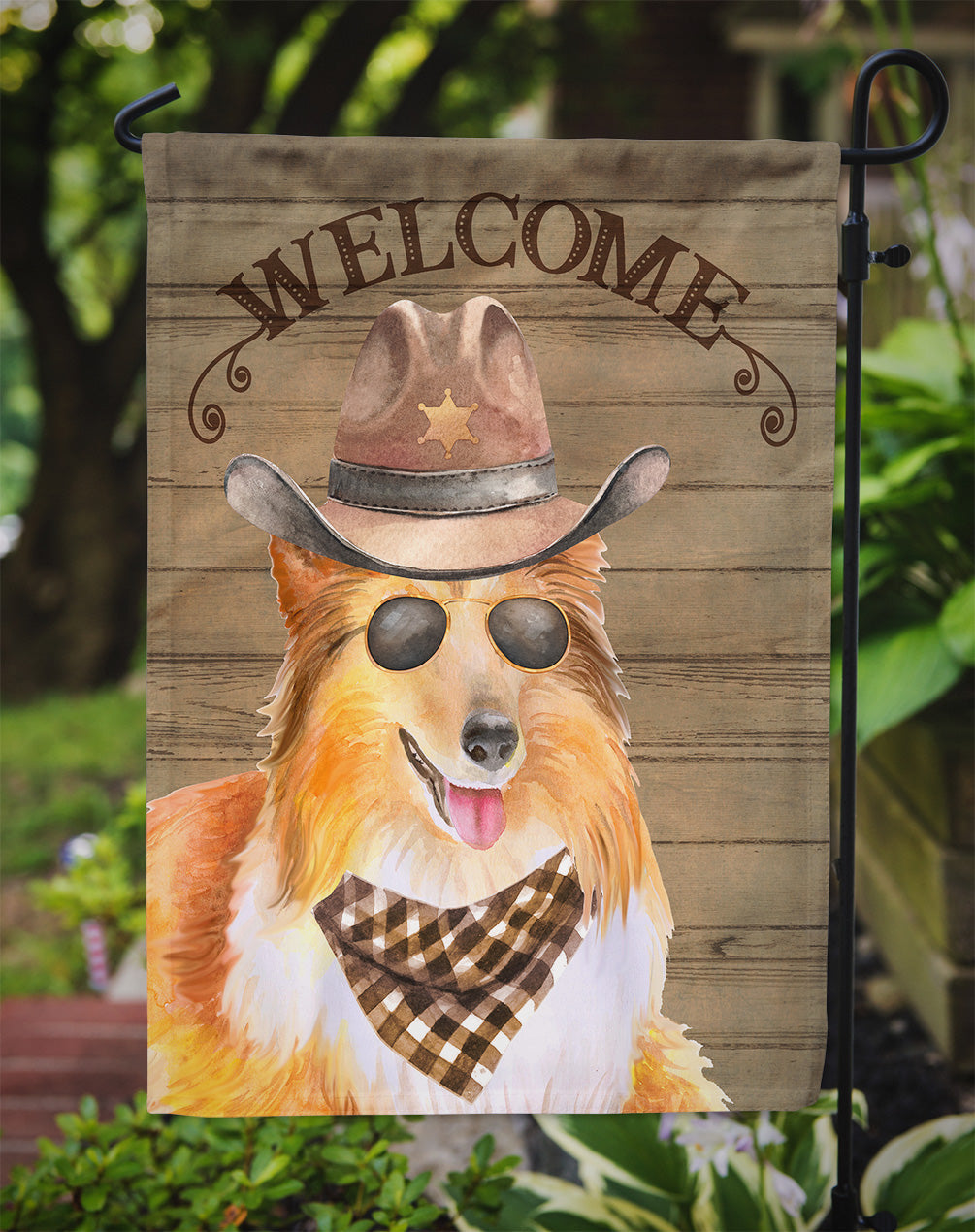 Sheltie Shetland Sheepdog Cowboy Dog Welcome Garden Flag – Western-Style Dog with Hat & Sunglasses CK6359GF
