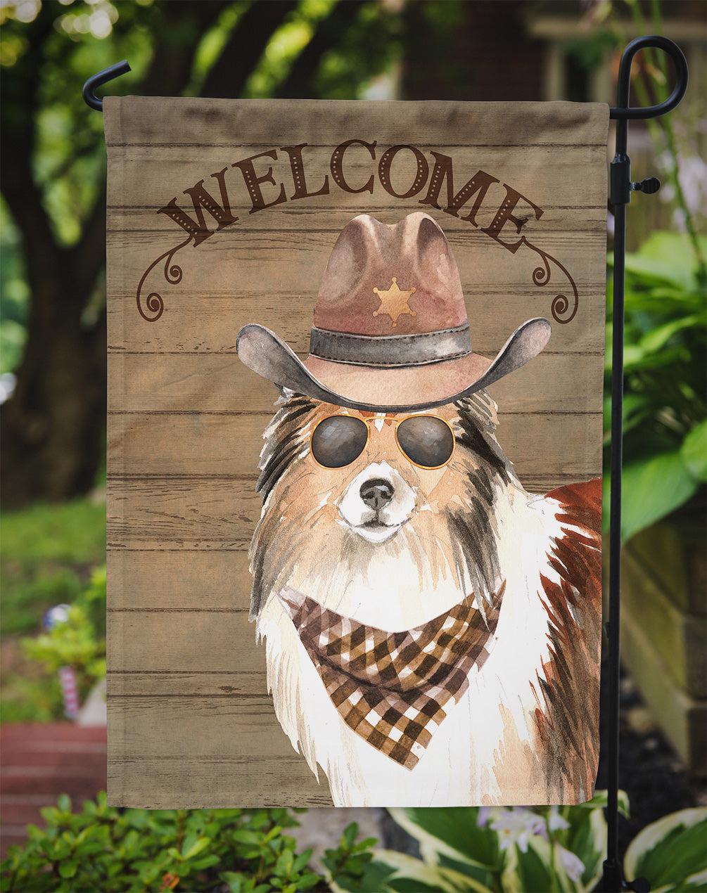 Sheltie Shetland Sheepdog #2 Cowboy Dog Welcome Garden Flag – Western-Style Dog with Hat & Sunglasses CK6360GF