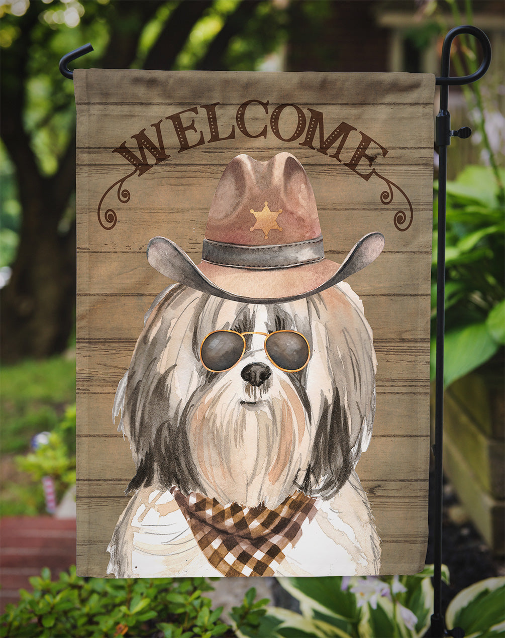 Shih Tzu #2 Cowboy Dog Welcome Garden Flag – Western-Style Dog with Hat & Sunglasses CK6362GF