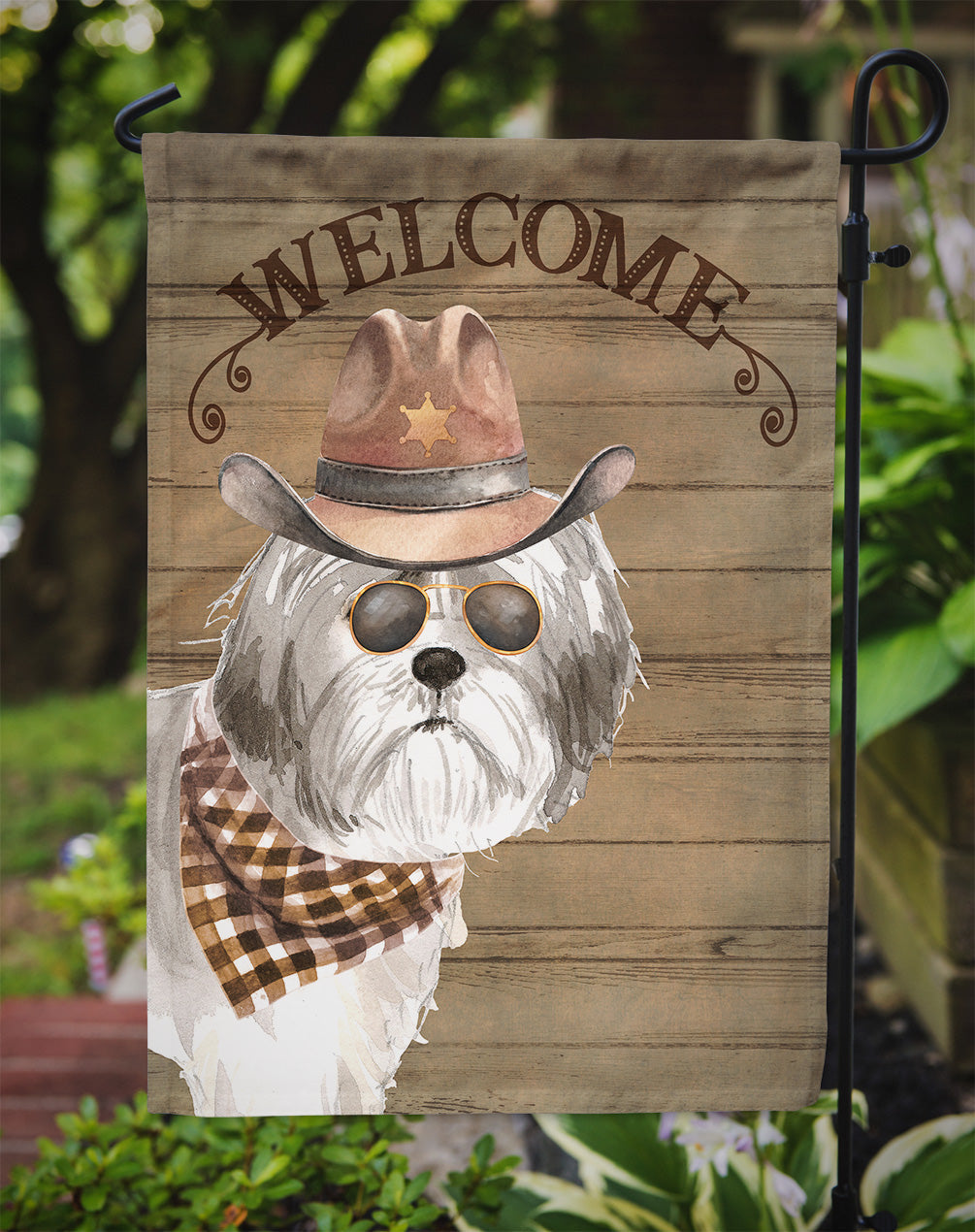 Shih Tzu Puppy Cut Cowboy Dog Welcome Garden Flag – Western-Style Dog with Hat & Sunglasses CK6363GF