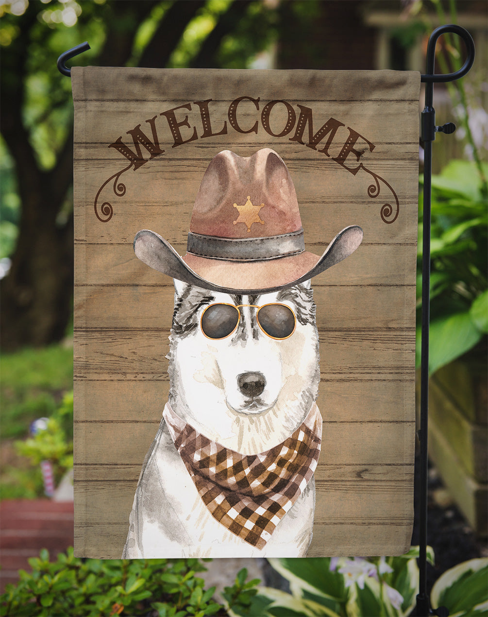 Siberian Husky Cowboy Dog Welcome Garden Flag – Western-Style Dog with Hat & Sunglasses CK6364GF