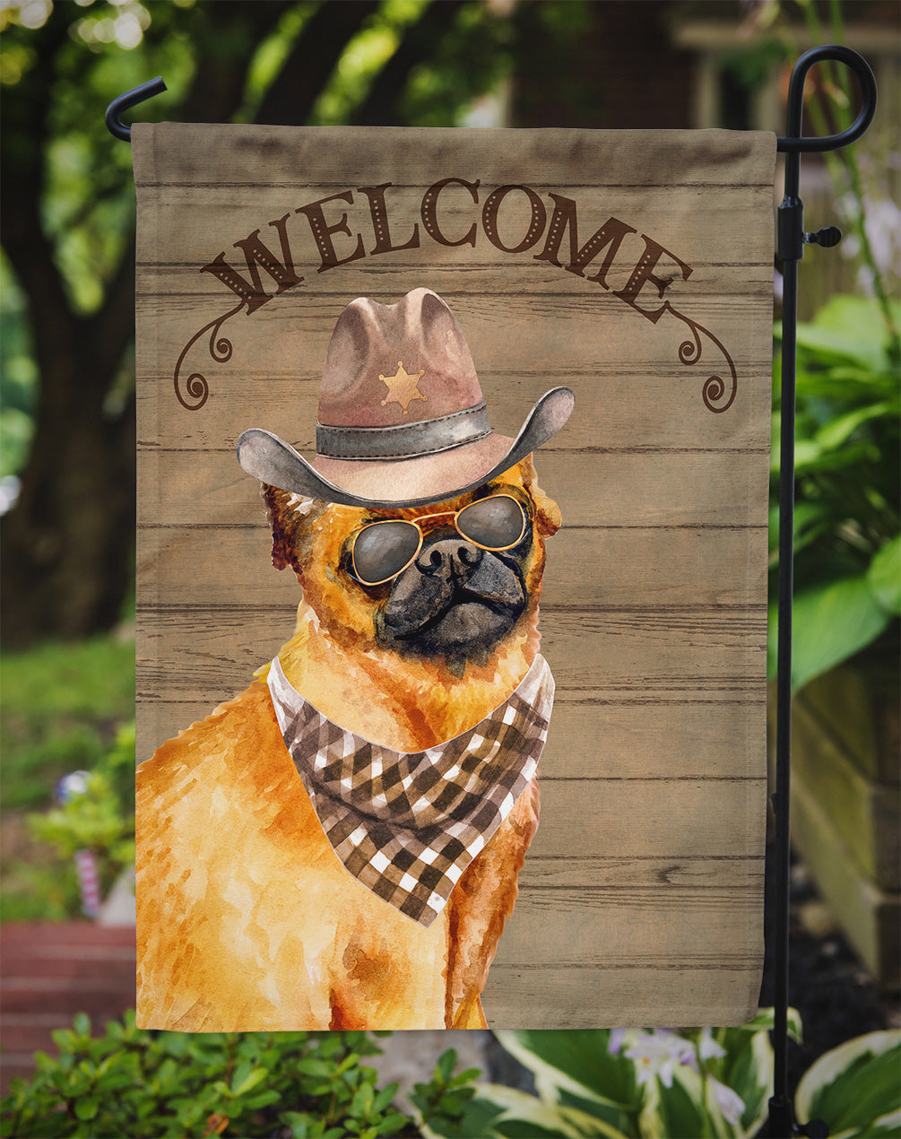 Small Brabant Griffon Cowboy Dog Welcome Garden Flag – Western-Style Dog with Hat & Sunglasses CK6365GF