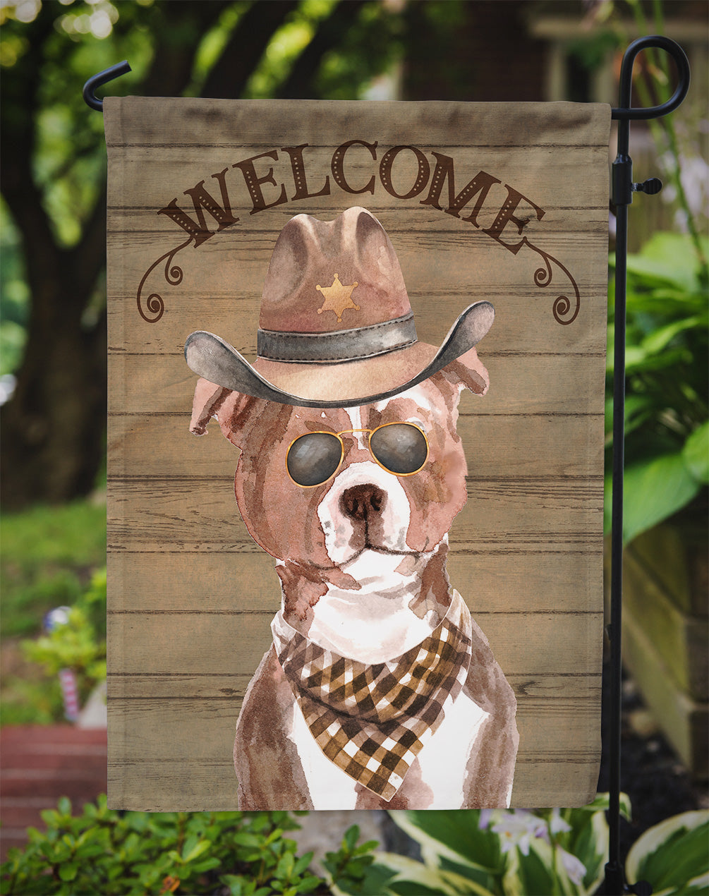 Staffordshire Bull Terrier #3 Cowboy Dog Welcome Garden Flag – Western-Style Dog with Hat & Sunglasses CK6367GF
