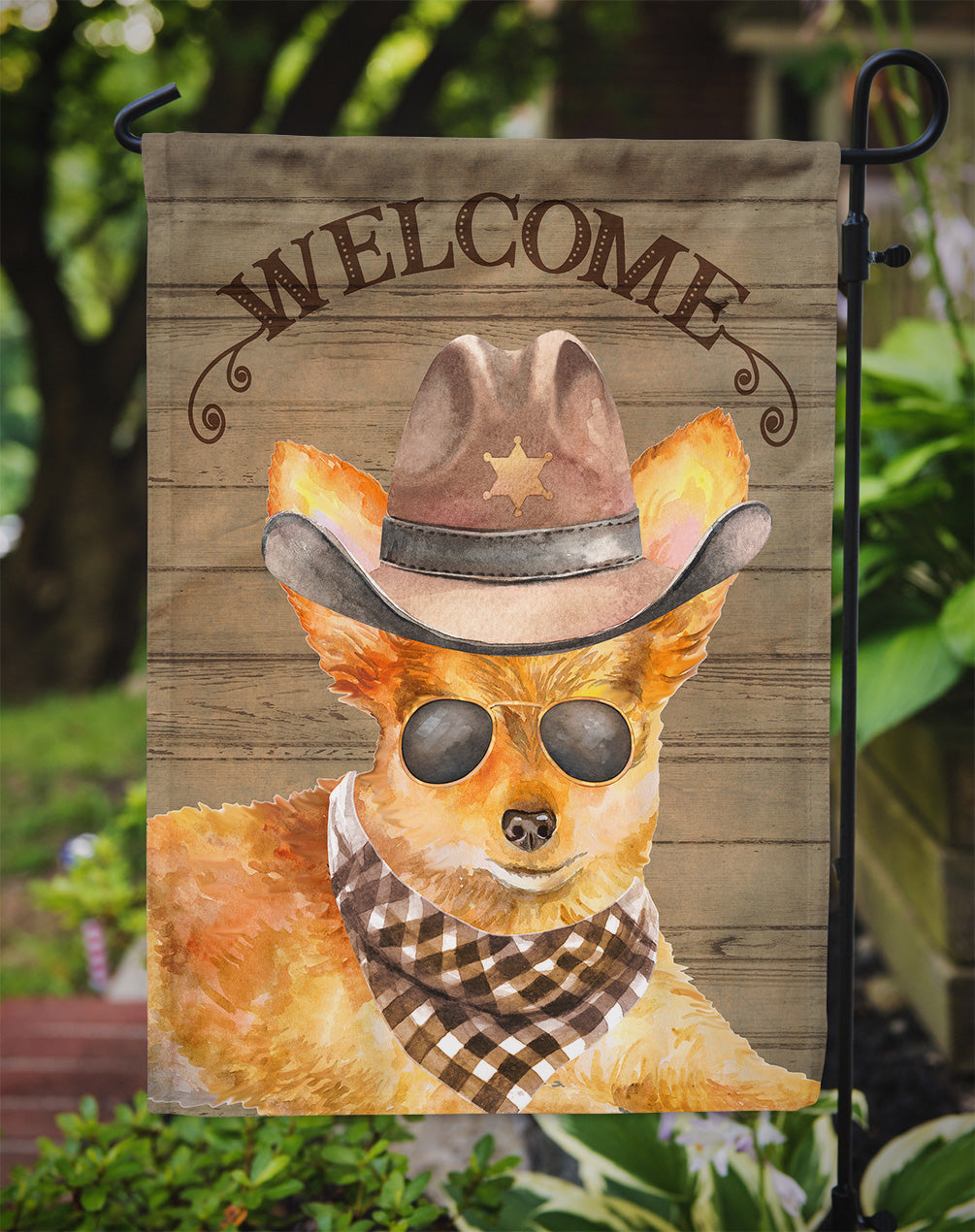 Toy Terrier Cowboy Dog Welcome Garden Flag – Western-Style Dog with Hat & Sunglasses CK6370GF