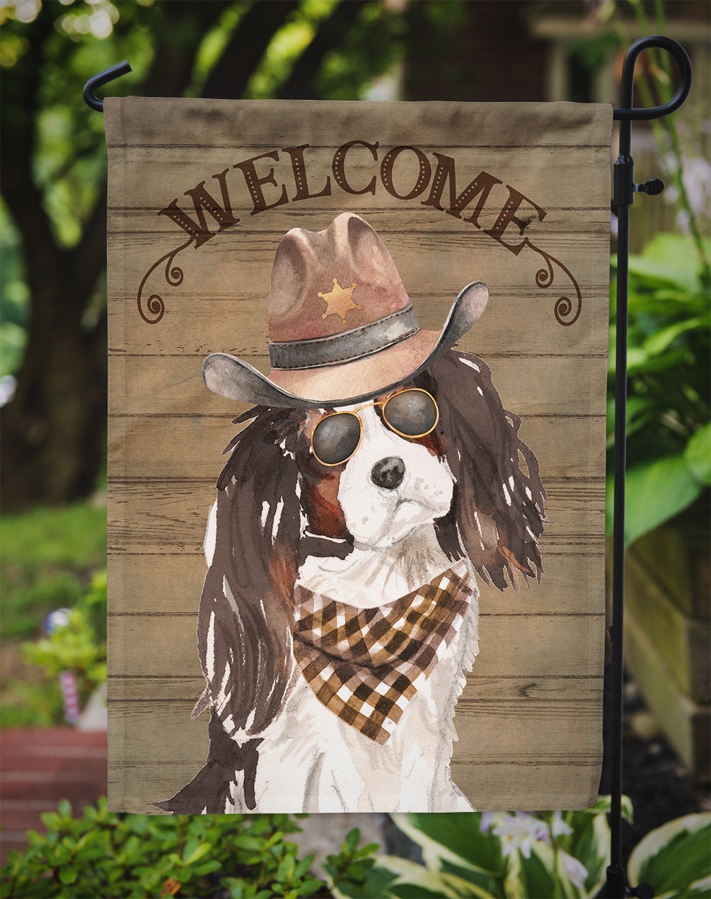 Tricolor Cavalier Spaniel Cowboy Dog Welcome Garden Flag – Western-Style Dog with Hat & Sunglasses CK6371GF