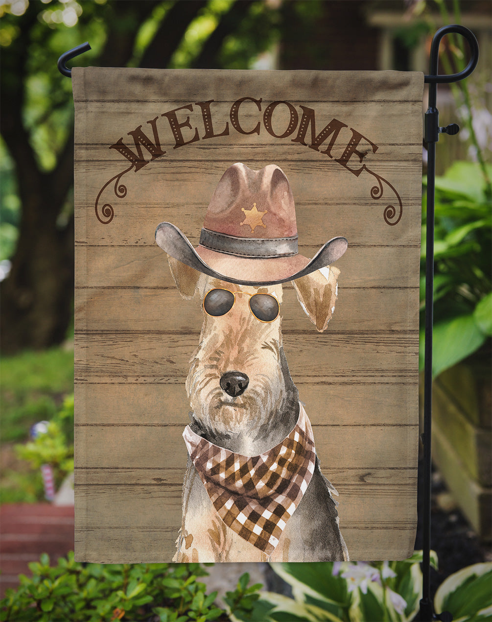 Welsh Terrier Cowboy Dog Welcome Garden Flag – Western-Style Dog with Hat & Sunglasses CK6373GF