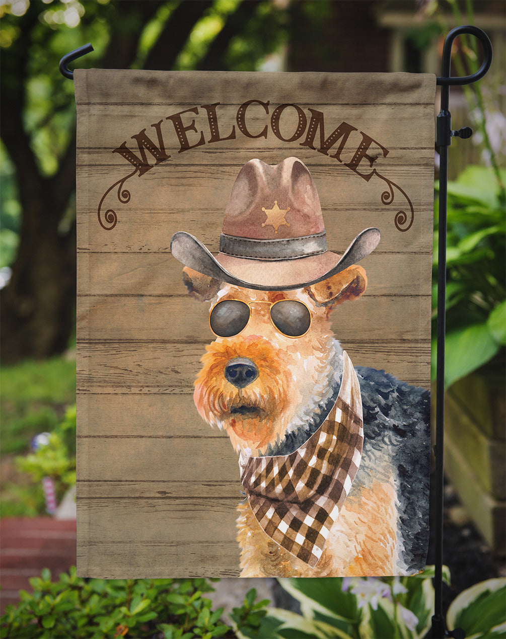 Welsh Terrier #2 Cowboy Dog Welcome Garden Flag – Western-Style Dog with Hat & Sunglasses CK6374GF