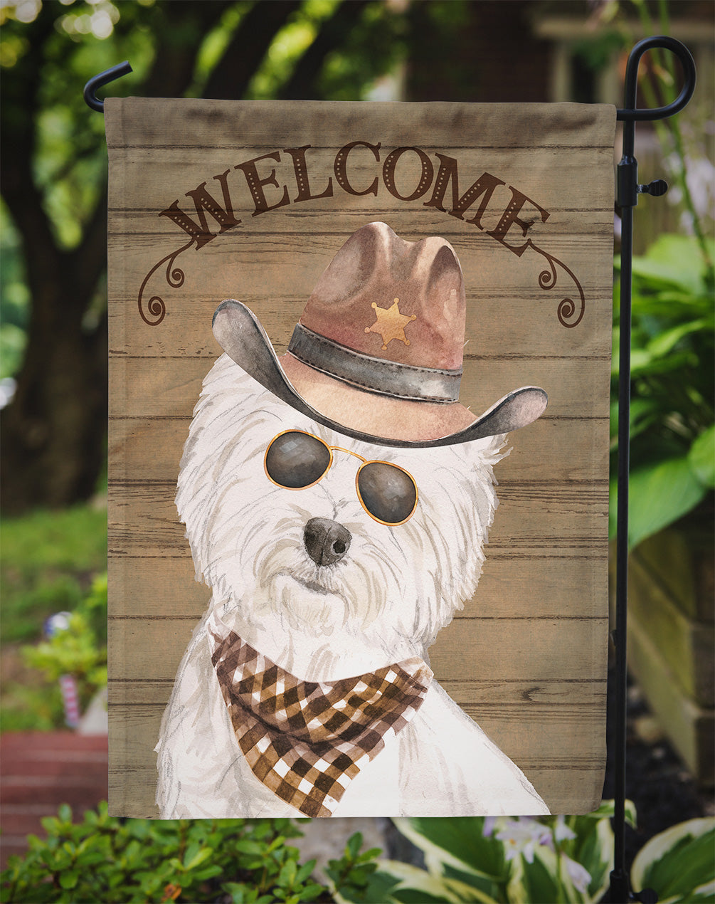 West Highland White Terrier Cowboy Dog Welcome Garden Flag – Western-Style Dog with Hat & Sunglasses CK6375GF